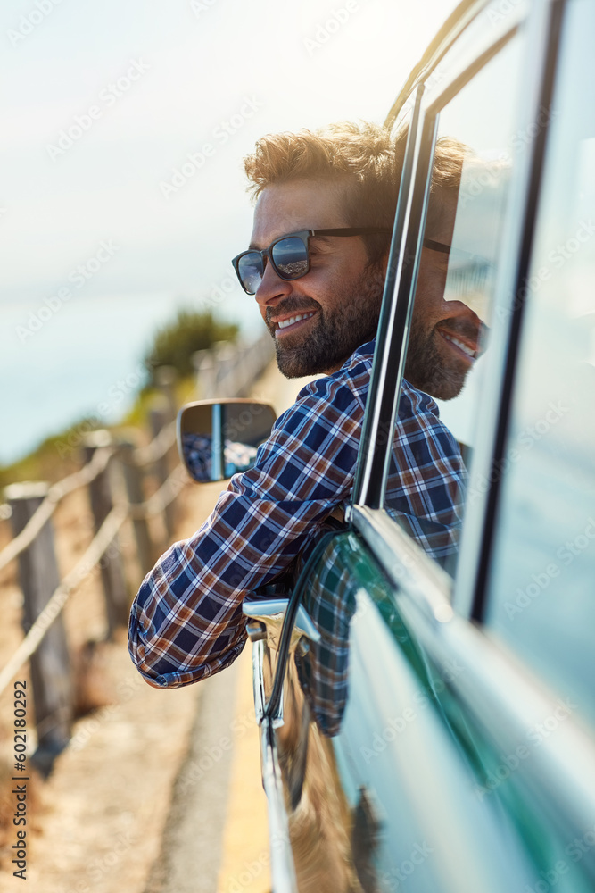Φωτογραφία Road trip, travel and man relax in car driving for adventure, summer vacation and holiday