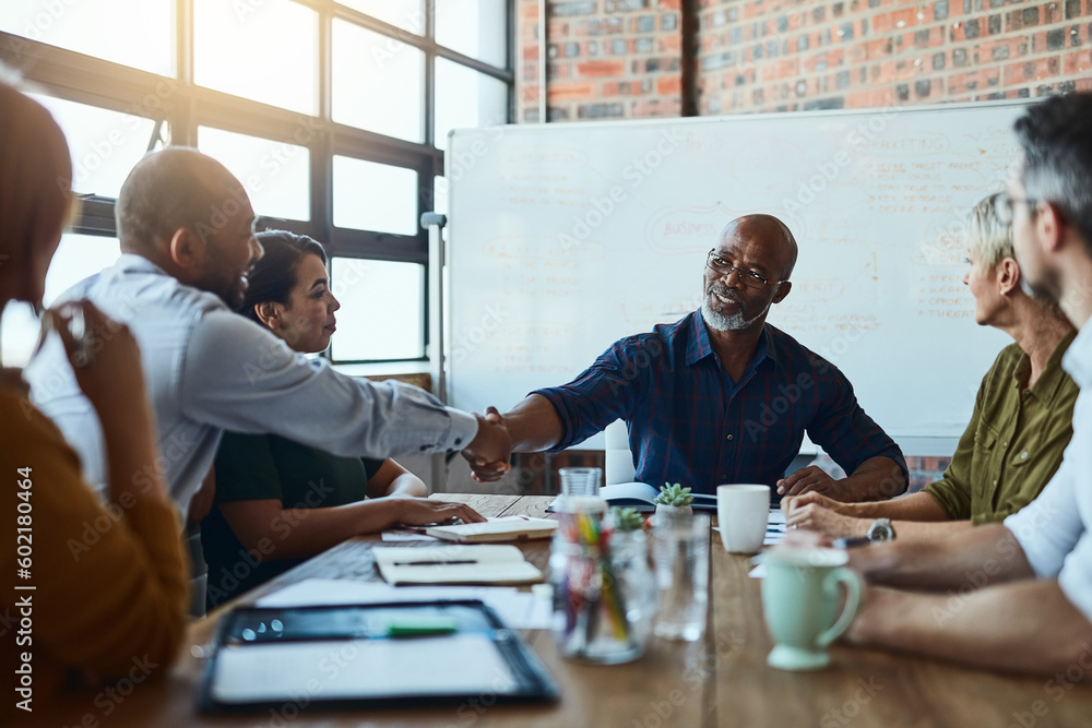 Business people, meeting and handshake with ceo for deal, partnership or senior collaboration. Smile, shaking hands or black men with agreement, congratulations or b2b, group negotiation or thank you Business people, meeting and handshake with ceo for deal, partnership or senior collaboration. Smile, shaking hands or black men with agreement, congratulations or b2b, group negotiation or thank you