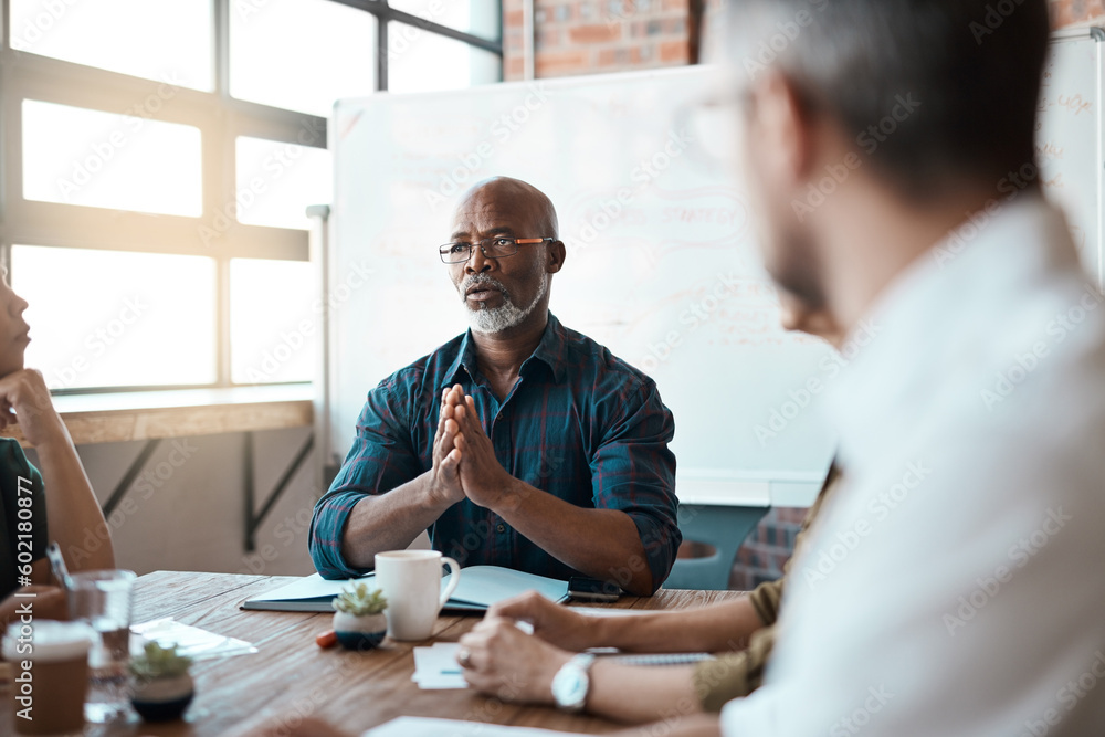 Obraz premium Business people, meeting leader and black man in office, talking or speaking. Teamwork, ceo and serious senior African male professional brainstorming, collaboration or planning group strategy