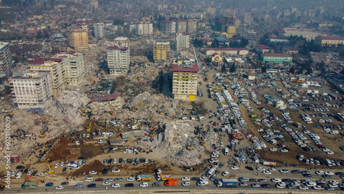 Turkey earthquake aerial view. Aerial view of collapsed buildings in Kahramanmaras