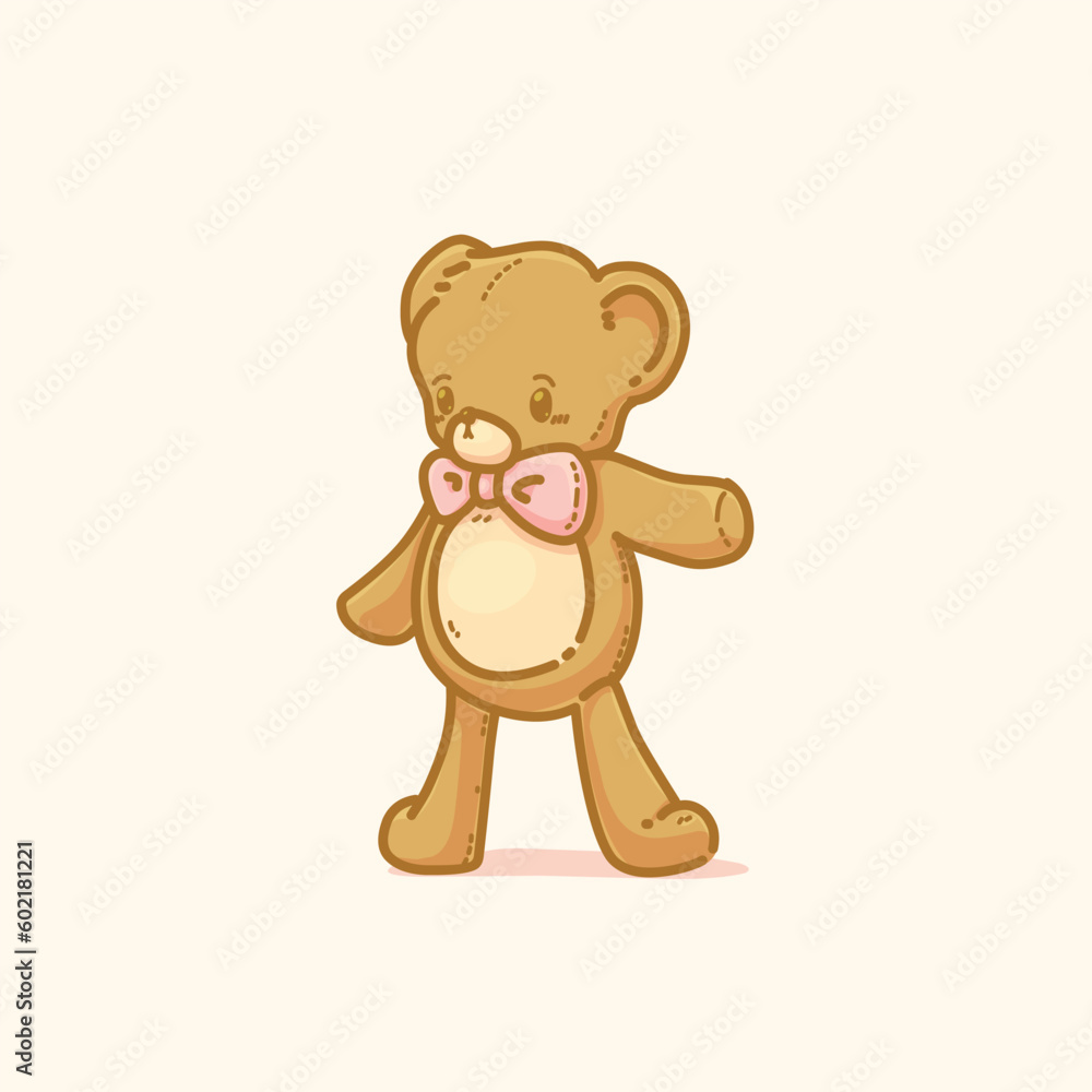 Vector Illustration of Cute Brown Teddy Bear with Pink Ribbon and Raised Arm