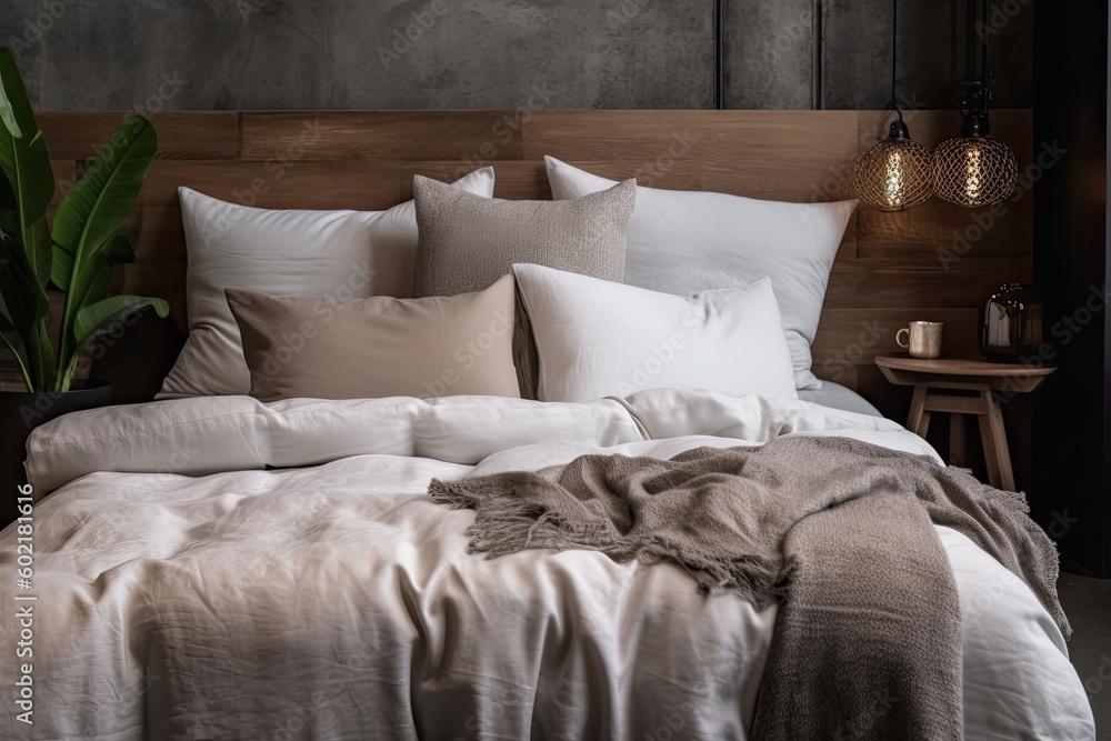White pillows and cushions that are part of a modern bedroom's fashionable combination of trendy room design. Generative AI White pillows and cushions that are part of a modern bedroom's fashionable combination of trendy room design. Generative AI