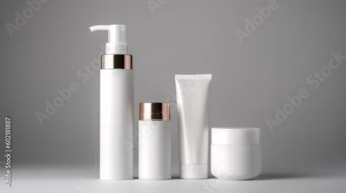 Obraz cosmetic bottles skin care package perfume lotion makeup cream items products branding mock up photo generative ai