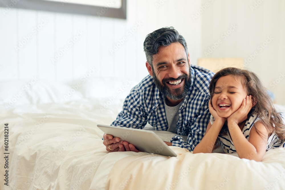 Bed, digital tablet and girl laughing with father, relax and sharing comic or joke in their home together. Happy, comedy and parent and with girl in bedroom online for funny meme or subscription - obrazy, fototapety, plakaty 