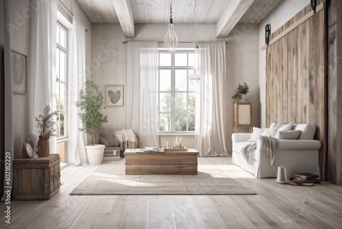 White and faded tones dominate this vintage wooden living room. Parquet flooring  decorations  and a mock up of a wall design of a farmhouse interior. Generative AI