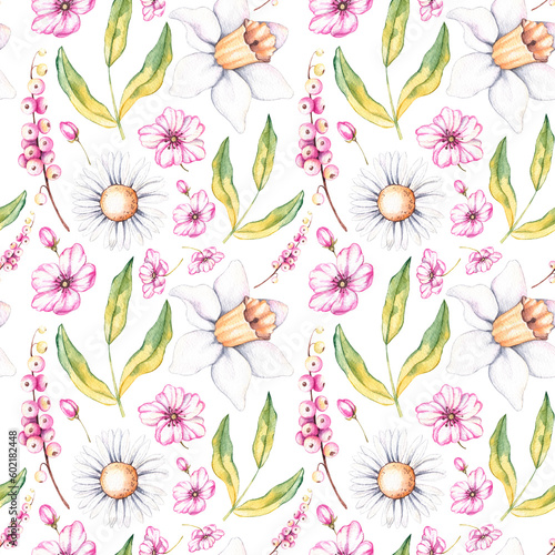 Watercolor pattern with spring flowers