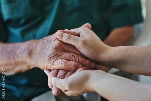 Bild auf Leinwand Support, senior man and woman holding hands with care, love and empathy while together for closeup