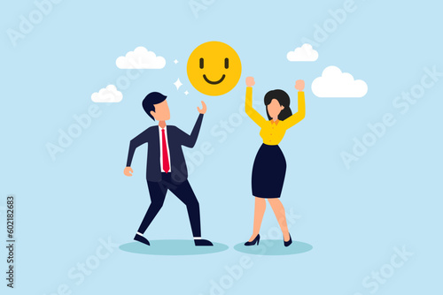 Employee happiness, job satisfaction or company benefit, happy workplace or positive attitude, work motivation concept, happy businessman and woman holding smiling face symbol in joyful workplace.