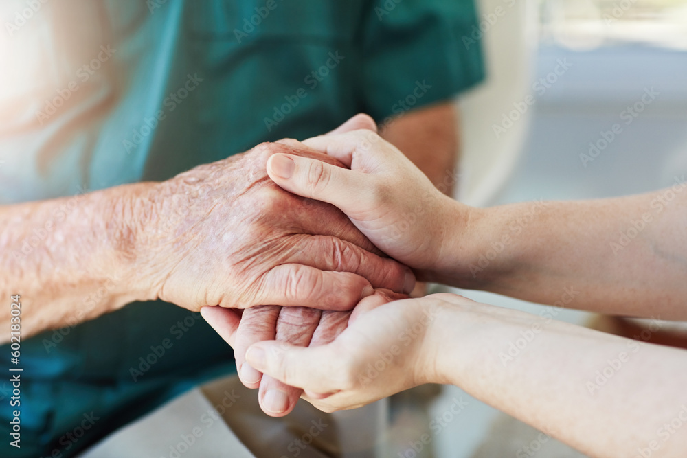Elderly man, woman and holding hands for care, support and empathy while together for closeup. Hand of senior male and person for hope, trust and kindness or help with life insurance and health Elderly man, woman and holding hands for care, support and empathy while together for closeup. Hand of senior male and person for hope, trust and kindness or help with life insurance and health