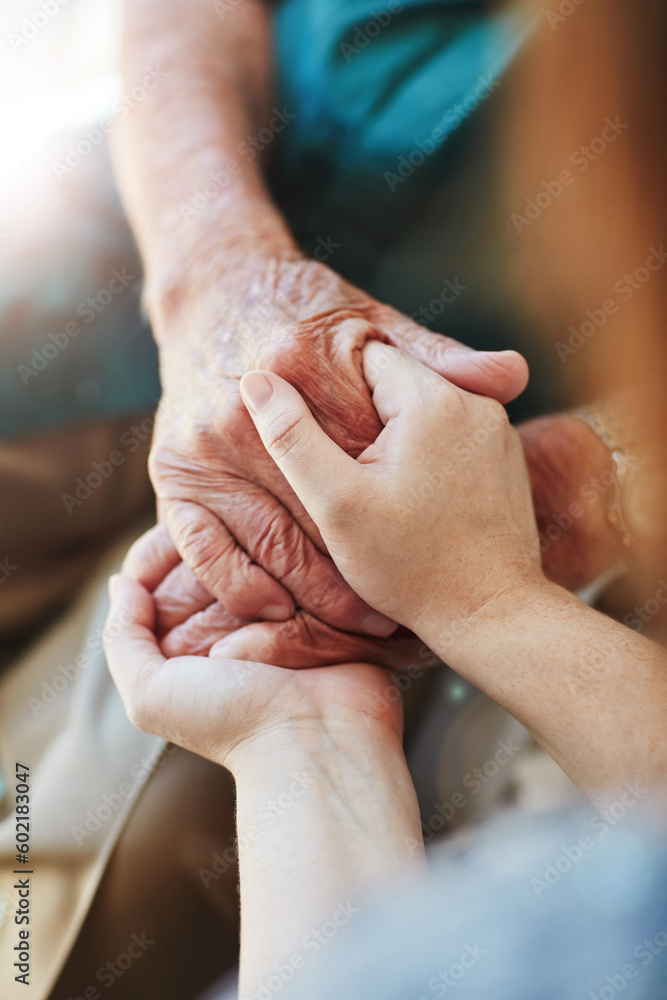 Woman, senior man and holding hands for support with care and empathy while together for closeup. Hand of elderly male and person for hope, trust and kindness or help with life insurance and health - obrazy, fototapety, plakaty 