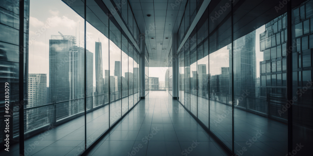 Glass empty corridor of a business center on a high floor overlooking the city from skyscrapers. AI generation Glass empty corridor of a business center on a high floor overlooking the city from skyscrapers. AI generation