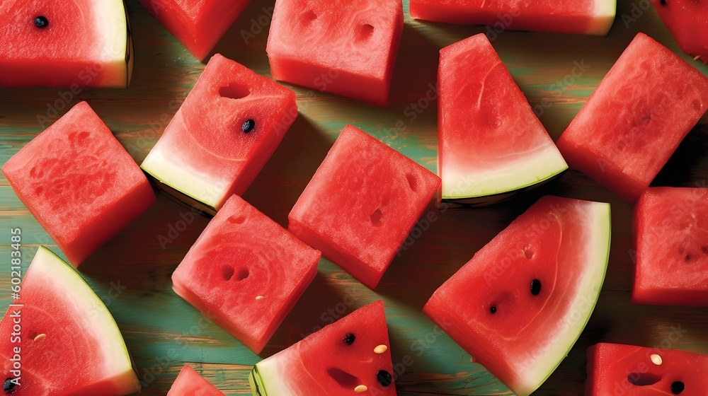 overhead shot of watermelon slices on a table. created with generative ai tools overhead shot of watermelon slices on a table. created with generative ai tools