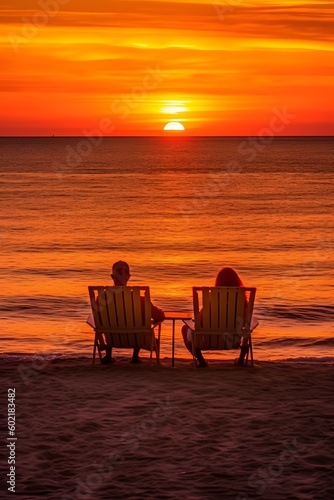 silhouette of a couple sitting on the beach in chairs enjoying the moment together. sunrise meditation. sunset vacation. Created with generative AI tools