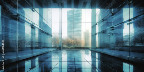 Glass corridor of the business center overlooking the park and neighboring skyscrapers. AI generation 