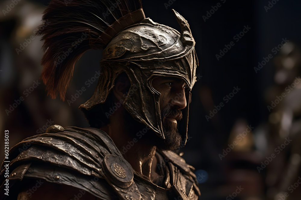 illustration of spartan king Leonid in golden armor and helmet. Neural