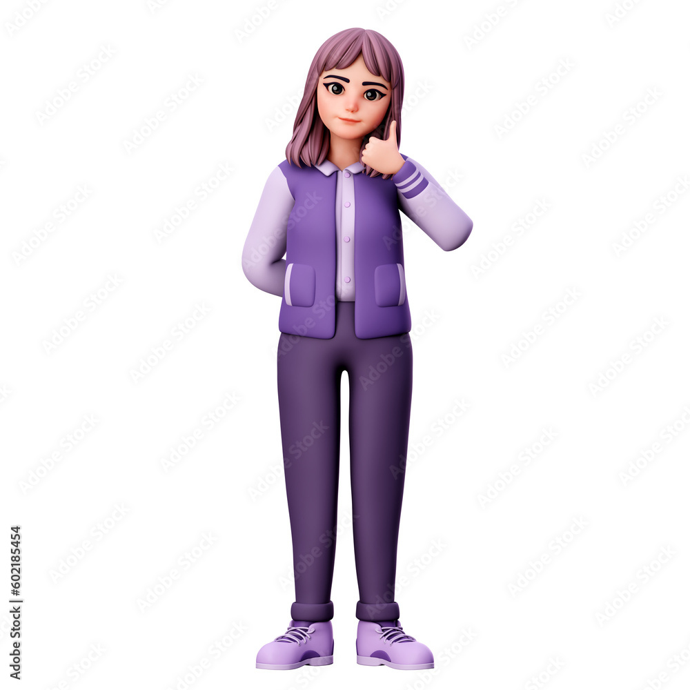 Woman Character with Purple Clothes showing Thumbs up using Right Hand, 3D Render Illustration Woman Character with Purple Clothes showing Thumbs up using Right Hand, 3D Render Illustration