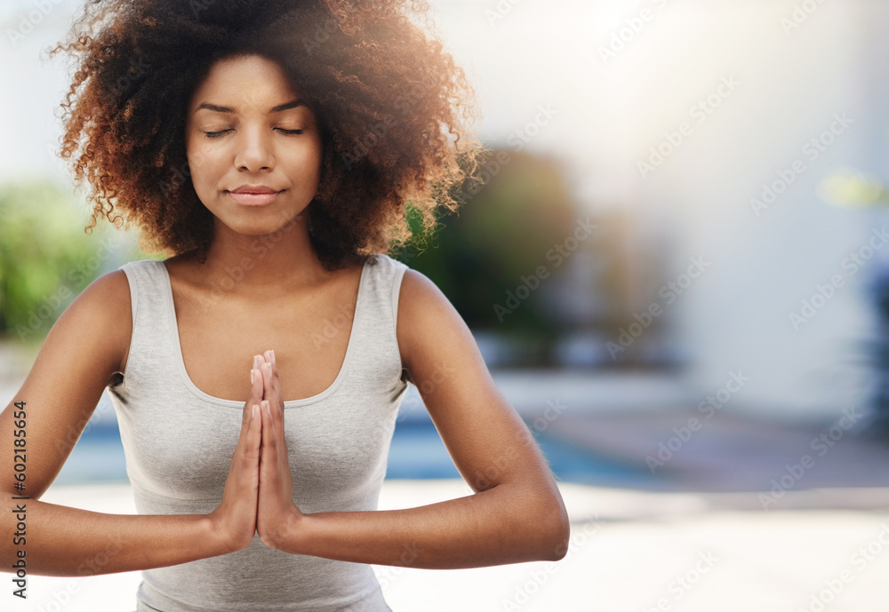 Calm woman, hands and yoga in meditation for zen, spiritual wellness or healthy exercise outdoors. African female meditating in relax, mind or awareness for mental health and wellbeing on mockup - obrazy, fototapety, plakaty 