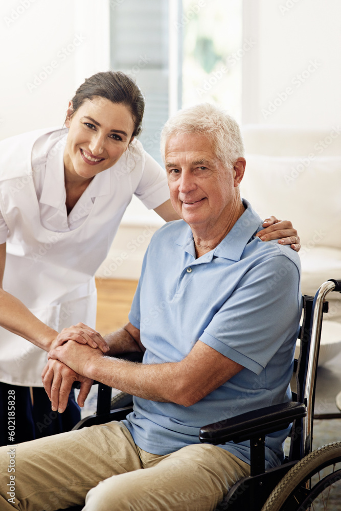 Portrait, nurse and disabled man in wheelchair, medical wellness and support in nursing home. Happy caregiver help disability patient, senior healthcare and smile for empathy in rehabilitation clinic Portrait, nurse and disabled man in wheelchair, medical wellness and support in nursing home. Happy caregiver help disability patient, senior healthcare and smile for empathy in rehabilitation clinic