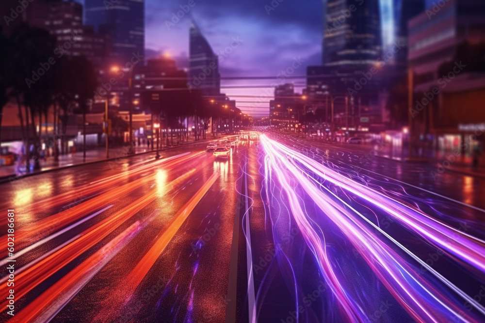 Abstract Light Trails in Urban Night Scene, Generative AI Abstract Light Trails in Urban Night Scene, Generative AI