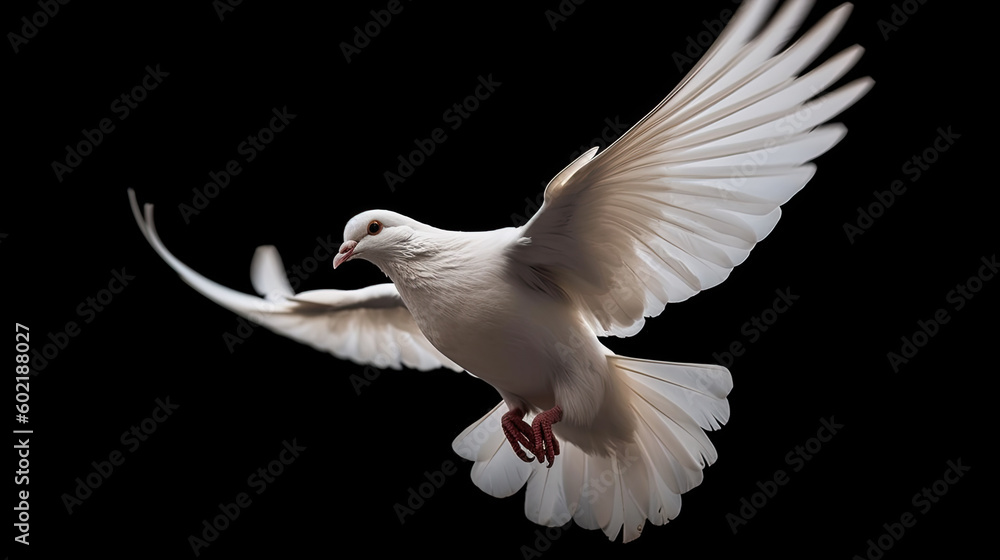 Obraz premium A white dove in flight isolated on black background. Generative AI