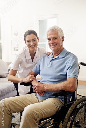 Portrait, nurse and man with disability in wheelchair for medical trust, wellness and support in nursing home. Happy caregiver helping senior patient with chronic health condition in rehabilitation © Anne/peopleimages.com