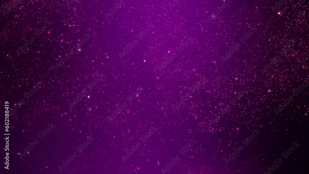 Abstract ambient swirling luminous purple particles flyer background. Relaxing concept 3D illustration wallpaper backdrop. Magic psychedelic shimmering sparkle dust showcase and copy space backplate