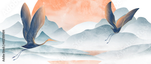 Art background with mountains, hills and cranes with golden line elements. Abstract banner in oriental style with watercolor texture for decor, print, wallpaper