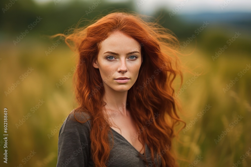 Stunning young redhead woman standing amidst a vibrant meadow on a sunny summer day, surrounded by colorful wildflowers and lush greenery.