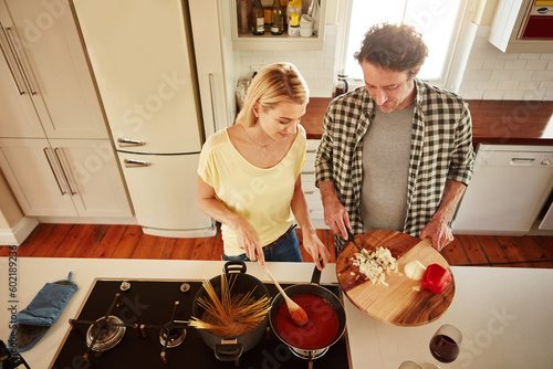 Photography Top view, food or couple in the kitchen cooking with healthy vegetables for lunch meal or dinner together