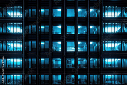 Seamless skyscraper facade with blue tinted windows and blinds at night. Modern abstract office building background texture with glowing lights against dark black exterior walls. Generative AI