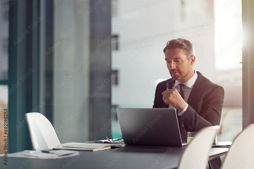 Business man, laptop and thinking, reading or online check, data analysis or financial solution in office. Planning, focus or finance review of professional accountant or corporate person on computer Business man, laptop and thinking, reading or online check, data analysis or financial solution in office. Planning, focus or finance review of professional accountant or corporate person on computer