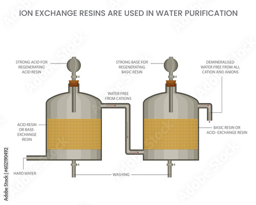 Ion exchange resins are used in water purification to remove unwanted ions by exchanging them with more desirable ions present on the resin surface