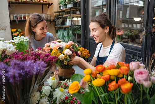 Happy florist selling flowers to a client. High quality generative AI