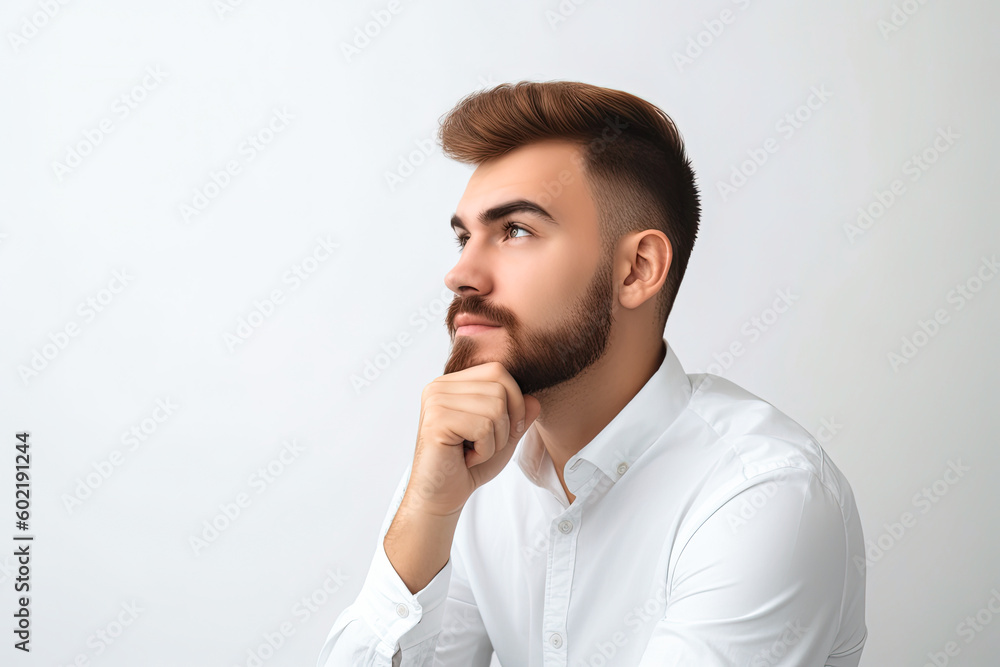 Young Man Thinking Hard - Got New Idea, Looking Away, Copyspace With White Background. High quality generative ai Young Man Thinking Hard - Got New Idea, Looking Away, Copyspace With White Background. High quality generative ai