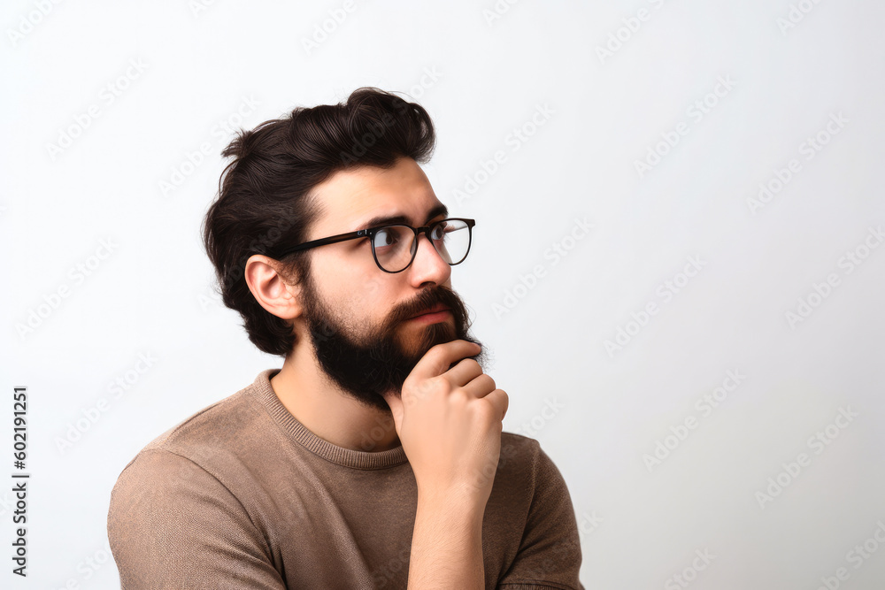 Young Man Thinking Hard - Got New Idea, Looking Away, Copyspace With White Background. High quality generative ai Young Man Thinking Hard - Got New Idea, Looking Away, Copyspace With White Background. High quality generative ai