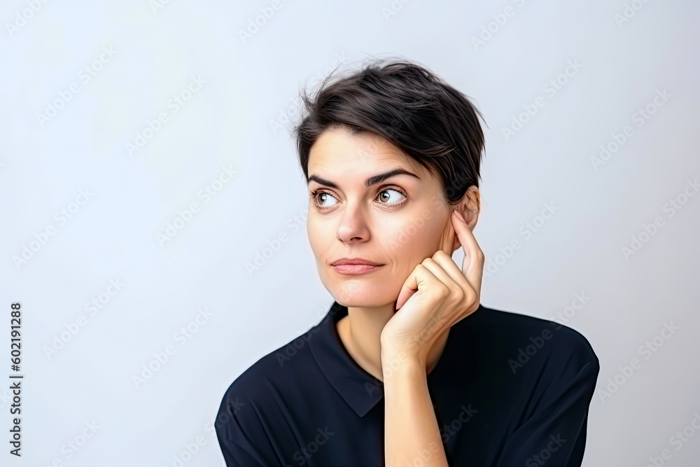 Young Woman Thinking Hard - Got New Idea, Copyspace With White Background. High quality generative ai Young Woman Thinking Hard - Got New Idea, Copyspace With White Background. High quality generative ai