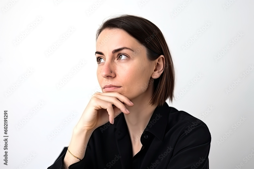 Young Woman Thinking Hard - Got New Idea, Copyspace With White Background. High quality generative ai Young Woman Thinking Hard - Got New Idea, Copyspace With White Background. High quality generative ai