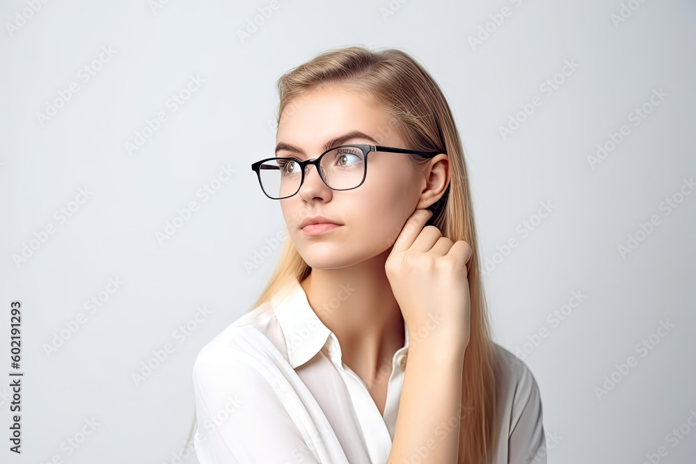 Young Woman Thinking Hard - Got New Idea, Copyspace With White Background. High quality generative ai