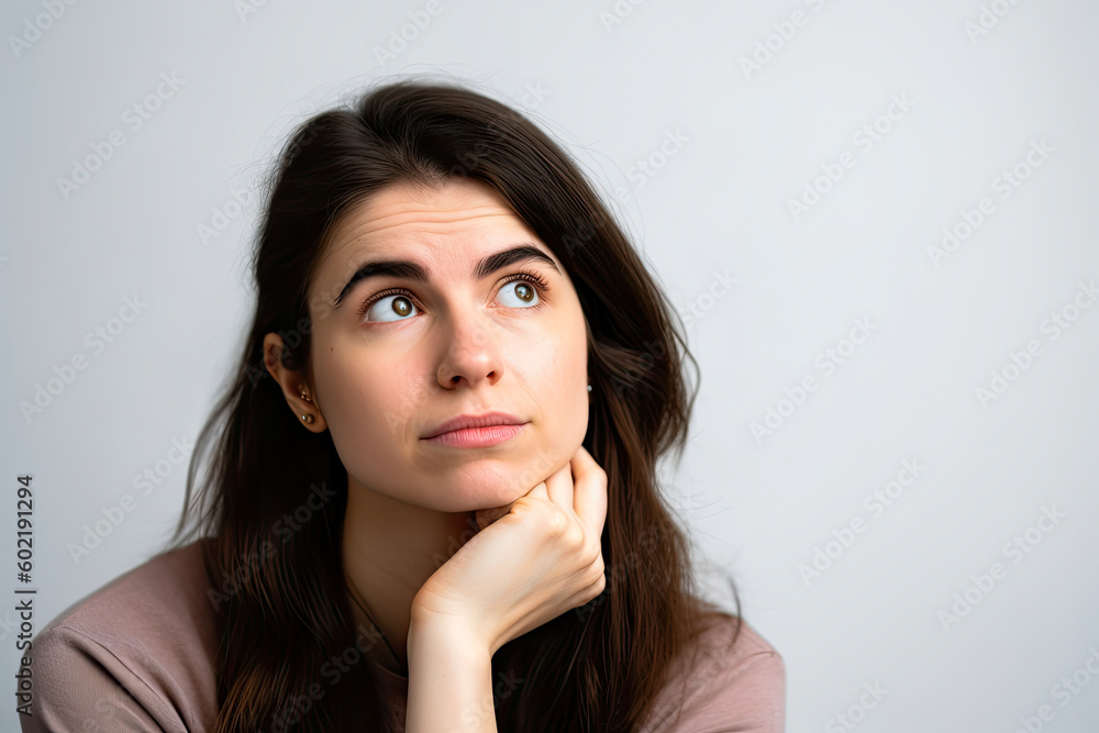 Young Woman Thinking Hard - Got New Idea, Copyspace With White Background. High quality generative ai Young Woman Thinking Hard - Got New Idea, Copyspace With White Background. High quality generative ai