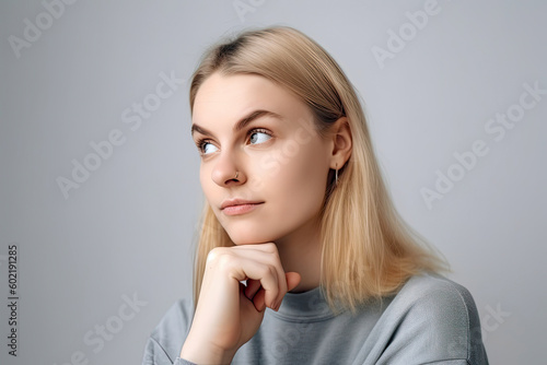 Young Woman Thinking Hard - Got New Idea, Copyspace With White Background. High quality generative ai
