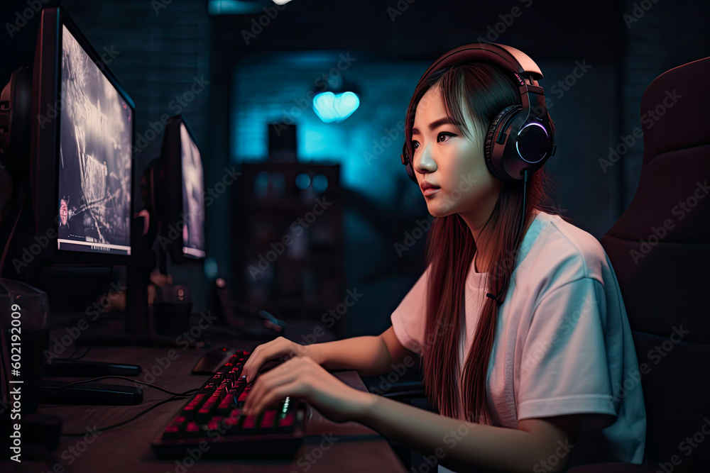 Esports and online gaming: Asian woman live streaming her video game session. High quality generative AI Esports and online gaming: Asian woman live streaming her video game session. High quality generative AI