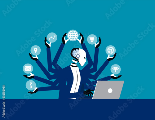 Robot multitasking with multiple arms. Business artificial intelligence concept