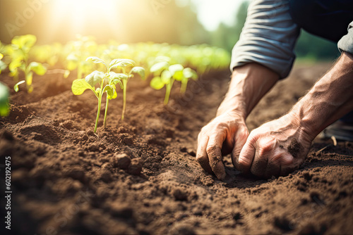 Farmer or gardener planting young plants into soil. The concept of spring and the beginning of work in the garden. Generative ai