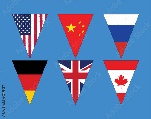 Flags of different countries, including the USA, China, Russia, Germany, UK, and Canada, are presented in geometric isosceles triangle shapes.