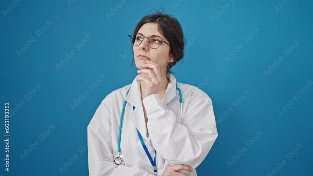 Young beautiful hispanic woman doctor standing with doubt expression thinking over isolated blue background Young beautiful hispanic woman doctor standing with doubt expression thinking over isolated blue background