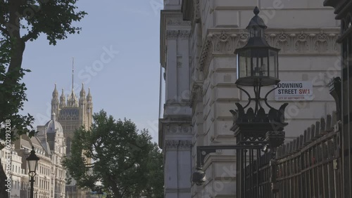The tower of Westminster Abbey as seen from Downing Street in London