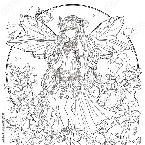 Fantasy Fairy Girl Anime Coloring page, Grayscale, Printable Art PNG