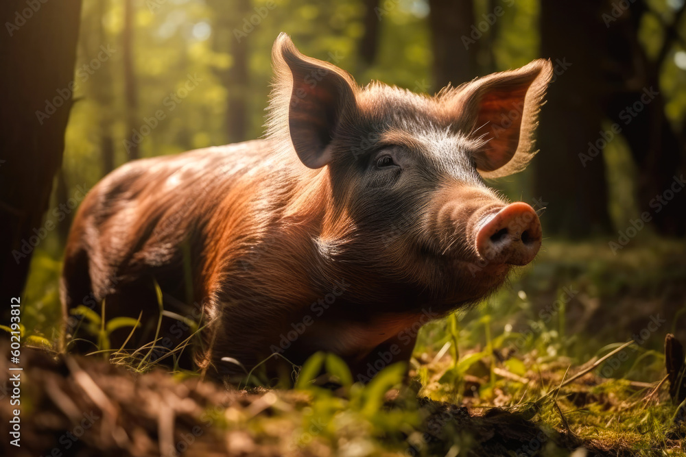 Funny pet pig on a meadow on a sunny day. High quality generative AI Funny pet pig on a meadow on a sunny day. High quality generative AI
