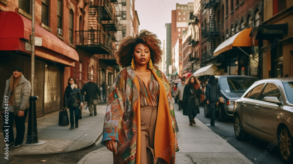 Elegant afro plus size woman walking in the city. Image Generative AI.