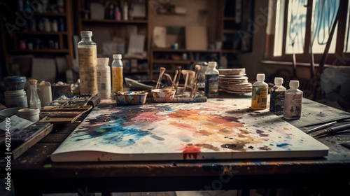 Painting studio. Image Generative AI.